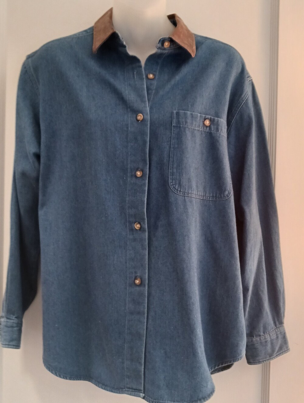 Womens Blue Denim Button-Up Shirt with Suede Collar